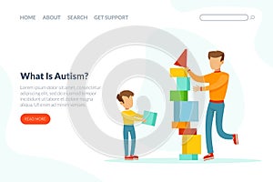 What is Autism Landing Page Template, Cute Boy with Mental Disorder Building Tower of Blocks with Father or Tutor