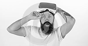 What benefits of virtual reality headset. Man bearded hipster with virtual reality headset on white background