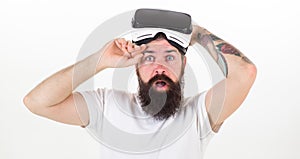 What benefits of virtual reality headset. Man bearded hipster with virtual reality headset on white background isolated