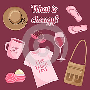 What is cheugy? Set of cheugy elements: cup, lip balm, brimmed hat and another untrendy things. Cheuglife elements.