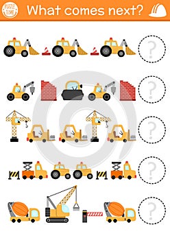 What comes next. Construction site logical activity for preschool kids with bulldozer, crane, excavator. Building works logic