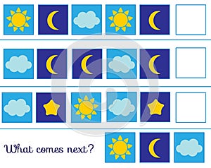 What comes next. Continue the row. Educational children game. Study logic for toddlers. Weather symbols photo