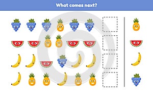 What comes next. Continue the sequence. Fruits. Worksheet for kids kindergarten  preschool and school age