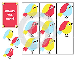 What comes next educational children game. Kids activity sheet, continue the row of birds