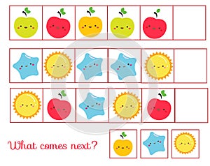 What comes next educational children game. Kids activity sheet, continue the row of cute symbols photo