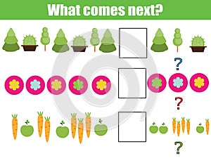 What comes next educational children game. Kids activity sheet, continue the row, logic puzzle