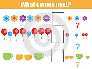 What comes next educational children game. Kids activity sheet, continue the row task