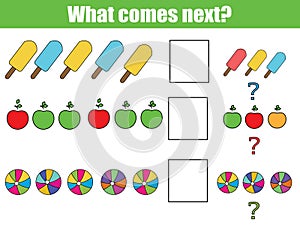 What comes next educational children game. Kids activity sheet, continue the row task