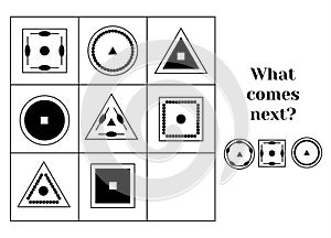 What comes next educational children game. Kids activity sheet, continue the row task