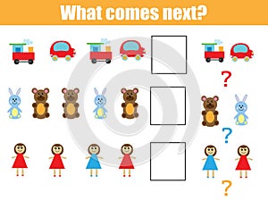 What comes next educational children game. Kids activity sheet, continue the row task