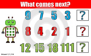 What comes next educational children game. Kids activity sheet, continue the row task. Mathematics