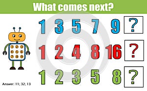 What comes next educational children game. Kids activity sheet, continue the row task. Mathematics game photo