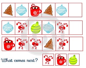 What comes next educational children game. Kids activity sheet, continue the row task. New Year and Christmas holidays theme