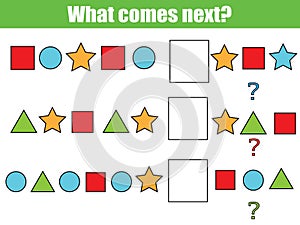 What comes next educational children game. Kids activity sheet, continue the row task photo