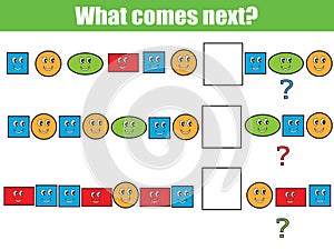 What comes next educational children game. Kids activity sheet, continue the row task photo