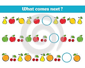 What comes next educational children game. Kids activity sheet, training logic, continue the row task with colorful simple shapes