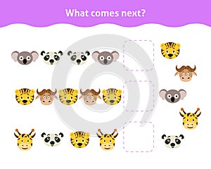 What comes next.  Educational game for toddlers with animal faces.