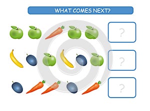 What comes next educational kids game. Children activity sheet, training logic, continue the row with fruits and vegetables.