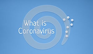 What is Coronavirus medical banner. White  pills in the form of a question mark on a blue background with copy space for text