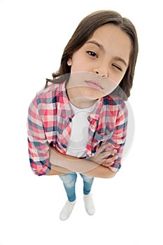What did you say. Do you need problems. Kid serious bully face white background. Kid unhappy looks strictly. Girl folded
