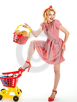 What do you think about this one. happy retro woman go shopping. After day shopping. vintage woman go shopping in mall