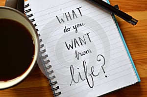 `What do you want from life?` hand-lettered in notebook photo