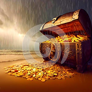 What fun! An open treasure chest on a beach in the rain