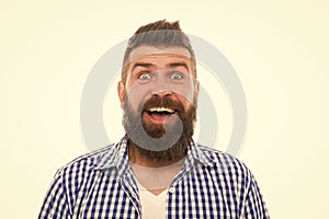 What a great surprise. happy after hairdresser salon. barbershop master. mustache from barber. Mature hipster with beard