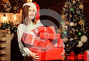 What a great surprise. morning before Xmas. Sexy woman with present box. Happy new year. Family celebration. Christmas