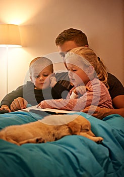 What happens next, Daddy. A father reading a bedtime story to his kids.
