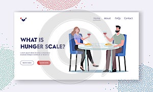 What is Hunger Scale Landing Page Template. Happy Couple Male and Female Characters Dating in Restaurant