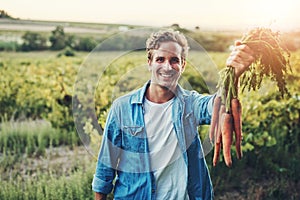 This is what my hard work has created. Cropped portrait of a handsome young man holding a bunch of carrots and smiling