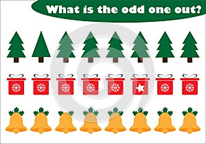 What is the odd one out for children, christmas theme in cartoon style, fun education game for kids, preschool worksheet activity