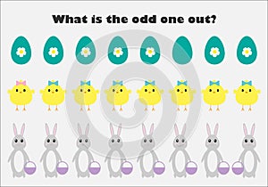 What is the odd one out for children, easter bunny, chick in cartoon style, fun education game for kids, preschool worksheet