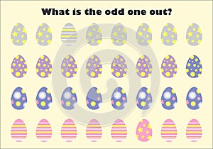 What is the odd one out for children, easter eggs in cartoon style, fun education game for kids, preschool worksheet activity,