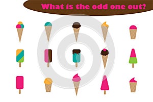 What is the odd one out for children, ice cream theme in cartoon style, fun education game for kids, preschool worksheet activity