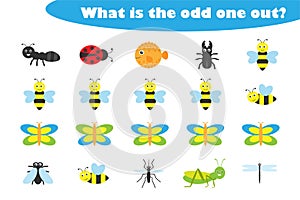 What is the odd one out for children, insects theme in cartoon style, fun education game for kids, preschool worksheet activity,