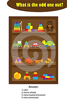 What is the odd one out for children, toys on shelves in cartoon style, fun education game for kids, preschool worksheet