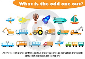 What is the odd one out for children, transport in cartoon style, fun education game for kids, preschool worksheet activity, task