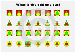 What is the odd one out, different colorful geometric shapes for children, fun education game for kids, preschool worksheet