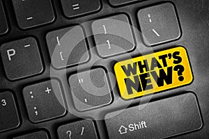 What`s New question text button on keyboard, concept background