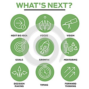 What`s Next Icon Set with Big Idea, Mentoring, Decision Making,