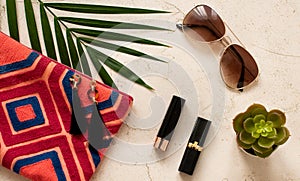 What`s in a woman`s bag? - Girly ready to go to the beach summer accessories and makeup set