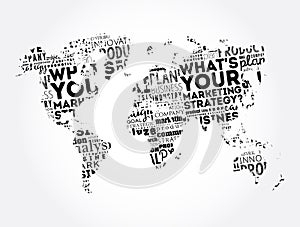 What`s Your Marketing Strategy word cloud in shape of World Map, business concept background