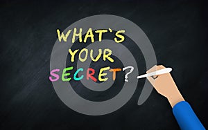 What`s Your secret Question on Chalk board hand Writing. Colorful Chalk text On blackboard. Question For successful Business