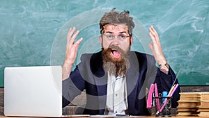 What stupid thought. Man bearded teacher wondering expression sit classroom chalkboard background. Unpleasant wonder