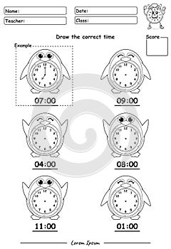 What is the time Worksheet with penguin black and white with name part one