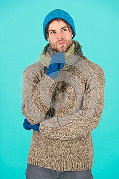 What weather is it today. guy wear warm clothes. male knitwear fashion. men knitted cloth and accessory. male blue