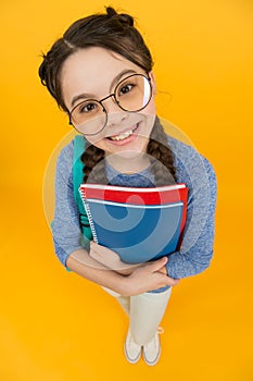 What would you like to read. Happy library reader yellow background. Little girl hold library books. Smart bookworm