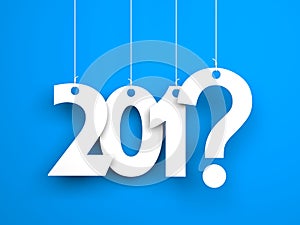What year next? New year metaphors. White words on blue background photo